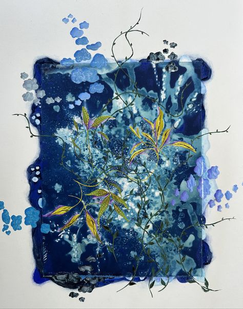 cyanotype with handpainted tape Cyanotype Embroidery, Cyanotype On Wood, Cyanotype Collage, Fabric Cyanotype, Cyanotype Artwork, Embroidered Cyanotype, Cyanotype With Embroidery, Cynotype Artists, Cyanotype Ideas