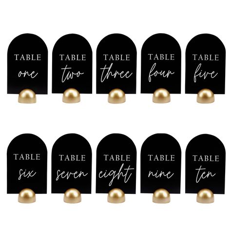 PRICES MAY VARY. Product - Hanna Roberts Modern Cursive Table Number Black Card Stock Half Circle Signs with Round Stand for Wedding Reception, Restaurant, Event Party, 4" x 6" (Set of 10, Numbers 1-10, Gold) Use/Purpose – Organizing an event such as a wedding, rehearsal dinners, engagement parties, anniversaries, birthdays, bridal and baby showers, or corporate parties, these table numbers are perfect to assign your event tables with these table numbers to ensure your guests know exactly where Mirror Wedding Table Numbers, Reception Restaurant, Wedding Table Details, Wedding Reception Tables Centerpieces, Circle Signs, Reception Table Centerpieces, Free Wedding Cards, Table Number Stands, Place Card Table Wedding