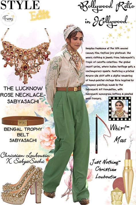 Deepika Padukone Retro Look, Sabyasachi Casual Wear, Deepika Padukone Cannes 2022, Western Outfit With Indian Jewellery, Vintage Indian Outfits, Celebrity Inspired Outfits Bollywood, Western Dress With Indian Jewellery, Indowestern Outfits Bollywood Fashion, Indian Jewellery With Western Outfits