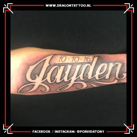 Lettering 'Jayden'.  Designed and Tattooed by: Tony Salgado (@Porvidatony) Dragon Tattoo. Jayden Tattoo Names Design, Jayden Tattoo, Tattoo Font, Name Tattoo Designs, Name Tattoo, Name Tattoos, Name Design, Tattoo Lettering, First Tattoo