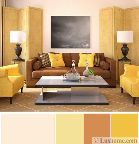 Sunny Yellow and Brown Colors Inspired by Delicious and Healthy Holiday Treats Brown Leather Sofa Living Room, Grey And Brown Living Room, Brown And Blue Living Room, Furniture Color Schemes, Brown Sofa Living Room, Brown Couch Living Room, Brown Living Room Decor, Cream Living Rooms, Leather Sofa Living Room