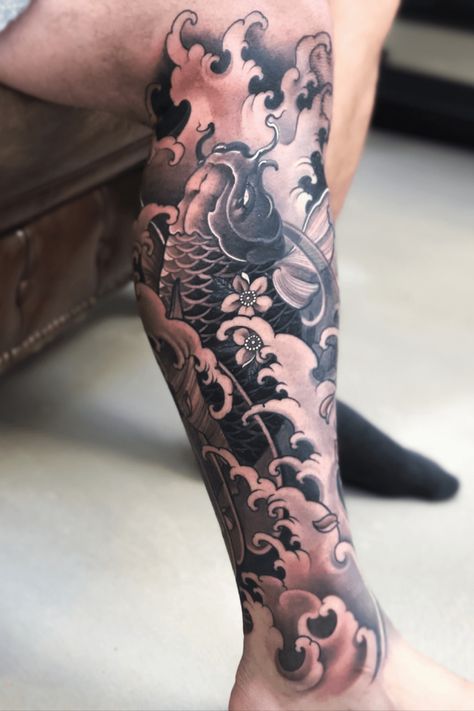 Koi:) #tattoodo #killerinktattoo #inkjecta #wearesorrymom #irezumi #koi #japanesetattoo Coi Tattoo, Calf Tattoo Ideas, Create A Tattoo, Comic Tattoo, Koi Tattoo, Leg Sleeve Tattoo, Tattoo Desings, Full Sleeve Tattoo, Unique Tattoo Designs