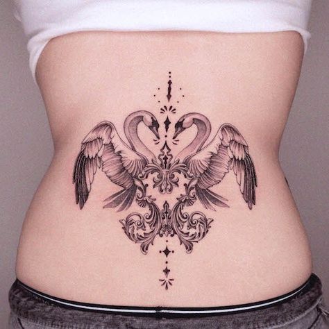 Swans Kissing Tattoo, Swan Tattoo Back, Swan Chest Tattoo, Swan Wings Tattoo, 2 Swans Tattoo, Black And White Swan Tattoo, Swan Tramp Stamp, Back Tattoo Symmetrical, Swan Heart Tattoo