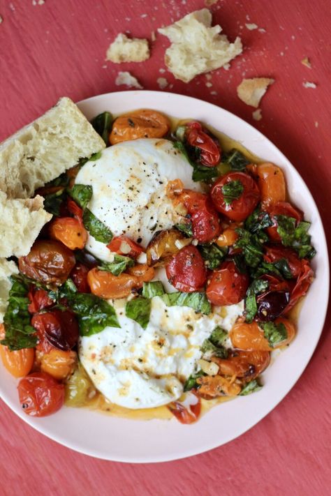 Tomatoes And Burrata, Burrata Recipe, Tomatoes Roasted, Side Items, Just Wait, A Glass Of Wine, West Village, Glass Of Wine, Easy Lunches