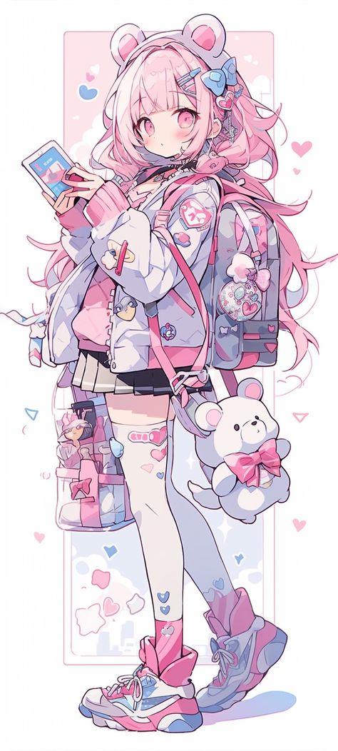 Kawaii Characters Design, Kawaii Drawing Poses, Fullbody Pose Reference, Yami Kawaii Art, Backpack Drawing, Kawaii Fanart, Vtuber Ideas, Free Ocs, Vtuber Model