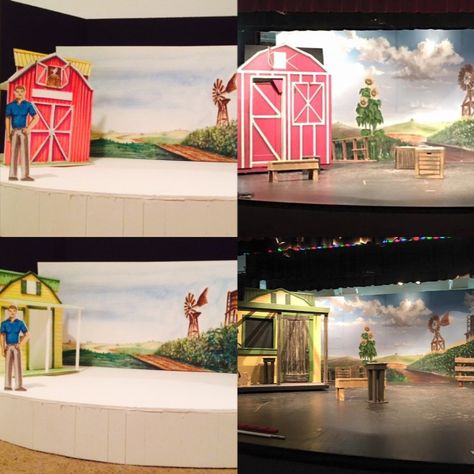 Set Design & Scenic Painting for MasterWorx's production of Oklahoma! (Spring 2016). Scale model on the left vs actual scenic painting on the right. Oklahoma Set Design, Oklahoma Musical, Scenic Painting, Community Theater, Scale Model, Marina Bay, Set Design, Marina Bay Sands, Scale Models