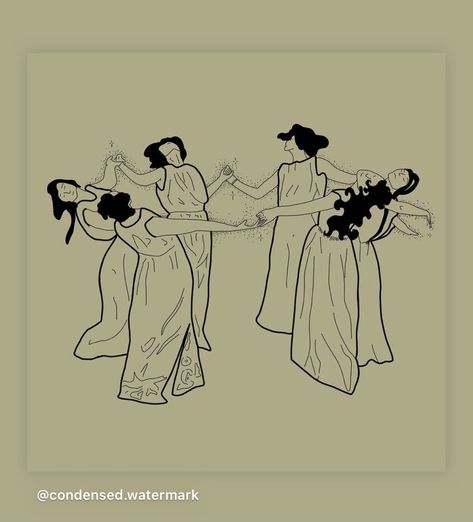 Witchy women holding hands in long vintage dresses dance together in a circle and prayer Witchy Art Nouveau, Witch Circle Tattoo, Wild Women Tattoo, Women Dancing In A Circle, Women Dancing Tattoo, Dancing Women Tattoo, Dancing Tattoo, Dance Tattoo, Witches Dance