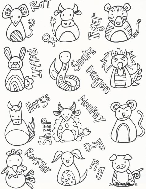 Picture Celebration Doodles, Chinese New Year Animals, New Year Doodle, Preschool Classrooms, Chinese New Year Zodiac, Chinese New Year Crafts For Kids, Chinese New Year Activities, New Year Coloring Pages, Animals Coloring Pages