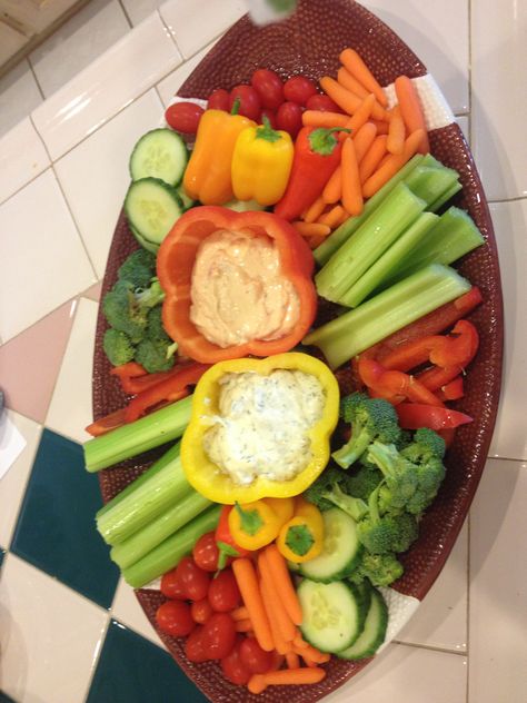 My football veggie tray Veggie Tray For Super Bowl Party, Game Day Veggie Tray, Superbowl Veggie Tray, Superbowl Veggie Tray Ideas, Super Bowl Veggie Tray Ideas, Football Veggie Tray Ideas, Football Fruit Tray Ideas, Sports Themed Veggie Tray, Football Veggie Tray