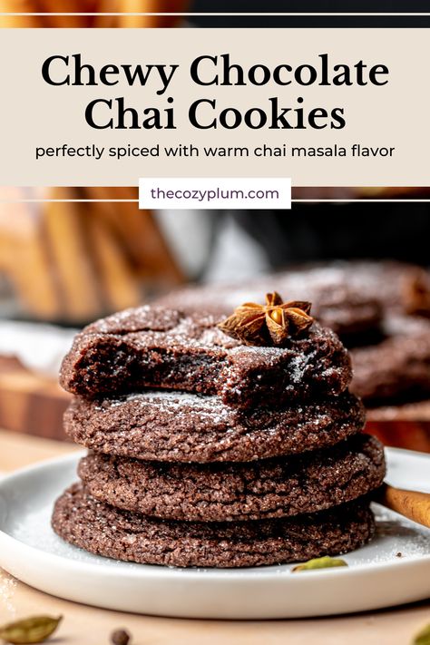 These soft and chewy chocolate chai cookies are packed with perfectly spiced chai masala flavor and dark chocolate. Not overly sweet, these are the perfect pairing for a cup of tea or coffee on a brisk day and make a unique Christmas cookie. Chai Baking Recipes, Chai Tea Cookies, Chai Desserts, Chai Cookies, Unique Cookie Recipes, Chai Cookies Recipe, Chai Spice Cookies, Chocolate Snickerdoodles, Unique Christmas Cookies