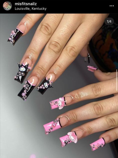 Valentines Nails French, Nail Inspo Hello Kitty, Duck Nails Short, French Tip Nails Pink, Azul Nails, Nails Sanrio, Nails Freestyle, Nails Airbrush, Nails Charm