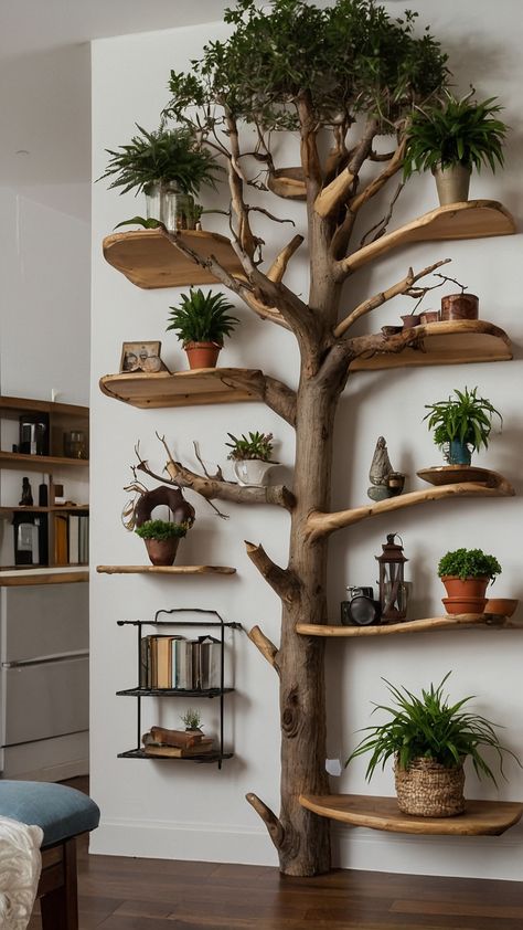 Create beautiful and unique DIY Tree Branch Shelves for your bedroom with this grunge-inspired corner wall brackets floating tutorial Decorate your cozy bedroom space with plant wall shelves and achieve a rustic look with our step-by-step tutorial on tree branch shelves Unique Floating Shelf Ideas, Display Tree Diy, Tree Shelf Bookshelves, Small Space Bookshelf Ideas, Diy Shelves Wall Shelves, Corner Plant Shelves, Tree Limb Projects Diy Ideas, Diy Tree Branch Decor, Plant Wall Shelf Ideas