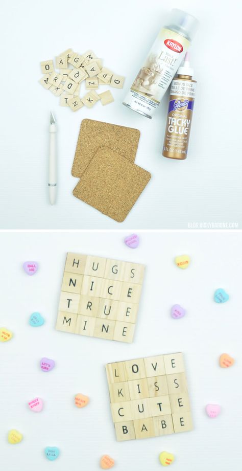 Conversation Hearts Crafts, Scrabble Diy, Scrabble Letter Crafts, Scrabble Coasters, Valentines Coasters, Scrabble Tile Crafts, Scrabble Crafts, Diy Valentines Day, Letter Crafts