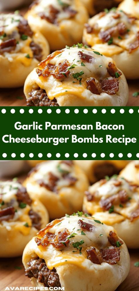 Craving a deliciously cheesy treat? Try these Garlic Parmesan Bacon Cheeseburger Bombs that combine savory beef with crispy bacon. Quick to make, they’re ideal for busy weeknights and will delight both kids and adults. Bombe Recipe, Bacon Cheeseburger, Gooey Cheese, Crumbled Bacon, Garlic Parmesan, Family Dinners, Crispy Bacon, Savory Snacks, Cheeseburger