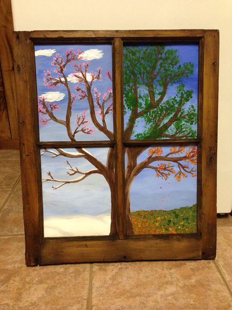 Four Seasons Painting, Four Seasons Art, Window Crafts, Diy Canvas Wall Art, Seasons Art, Simple Acrylic Paintings, Window Art, Window Painting, Window Frame