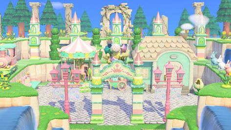 Acnh Museum Design Ideas Kidcore, Acnh Theme Park Ideas, Acnh Funfair, Animal Crossing Amusement Park Ideas, Animal Crossing Theme Park, Acnh Amusement Park, Acnh Amusement Park Ideas, Acnh Theme Park, Acnh Pastel Island