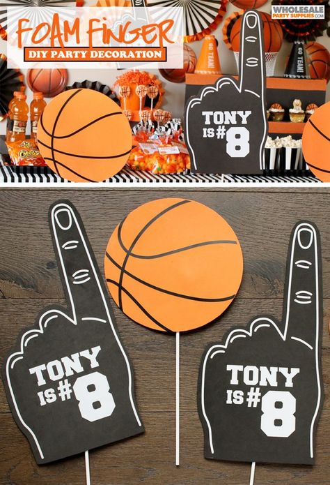 Nba Party Decorations, Nba Birthday Party Ideas Basketball, Diy Foam Finger, Basketball Birthday Party Ideas, Basketball Themed Birthday Party, Basketball Party Decorations, March Madness Parties, Basketball Theme Birthday, Basketball Birthday Party