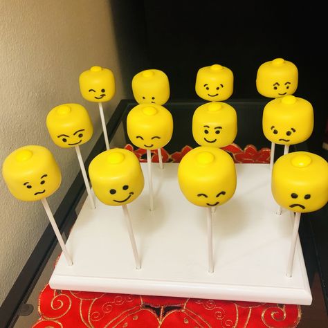 Lego Treats, Popular Cake Flavors, Cars Cake Pops, Lego Cake Pops, Godzilla Cake, Lego 5, Lego Faces, Cake Push Pops, Lego Birthday Cake