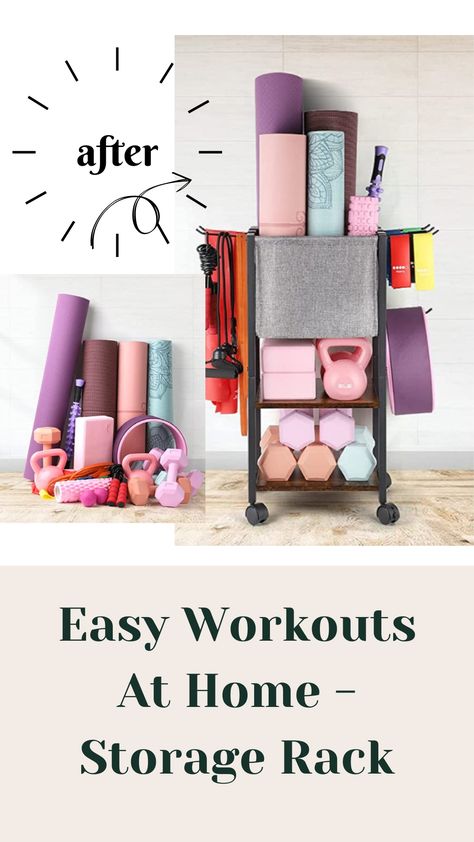 Workout Gear Organization, Exercise Room Organization, How To Store Workout Equipment, Dumbbell Storage Diy, Mini Home Gym Ideas Small Spaces, Workout Equipment Storage, Simple Home Gym, Home Gym Ideas Small, Yoga Storage