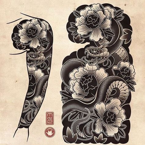 Arm Tattoo Japanese, Irezumi Sleeve, Yakuza Style Tattoo, Arm Tattoos Japanese, Japanese Snake Tattoo, Tato Tradisional, Japanese Flower Tattoo, Back Of Arm Tattoo, Tattoo Japanese