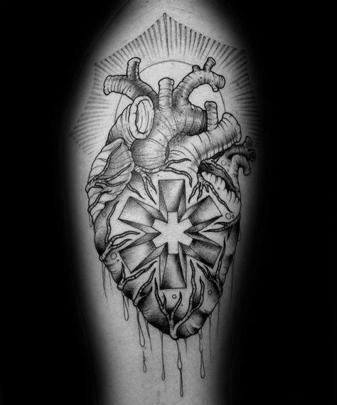 Heart With Glowing Star Of Life Unique Male Arm Tattoos Emt Tattoos Female, Male Nurse Tattoo, Ems Tattoos Paramedics, Emt Tattoos For Men, Star Of Life Tattoo Ems, Ems Tattoo Ideas, Fire Ems Tattoo, Ems Tattoos Female, Emt Tattoo For Women