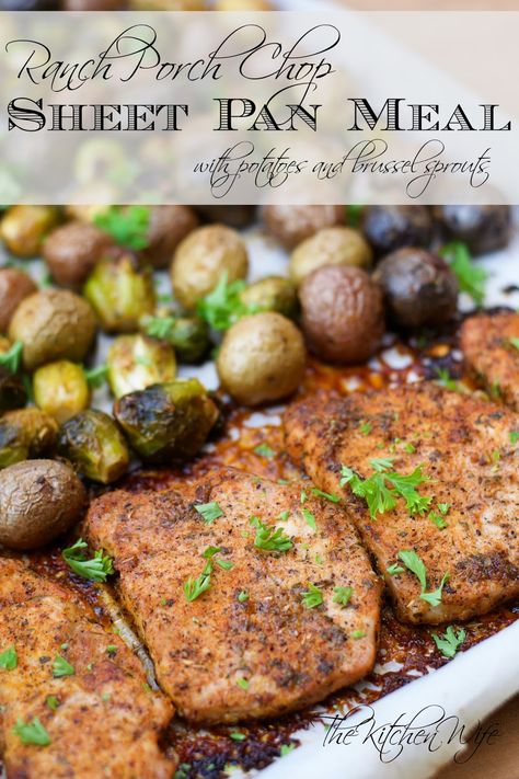 A simple meal, packed full of flavor, with simple clean up, these Ranch Pork Chops Sheet Pan Meal with Potatoes and Brussel Sprouts is a real weeknight game changer. Clean Eating Pork Chops, Meal With Potatoes, Pork Chop Sheet Pan, Potatoes And Brussel Sprouts, Chopped Brussel Sprouts, Skillet Pork Chop Recipes, Pan Pork Chops, Baked Pork Chops Oven, Pork Chops And Potatoes