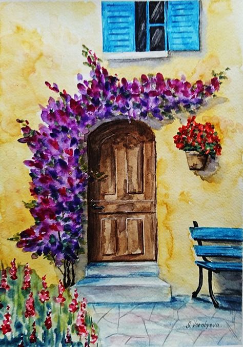 Doors Painting Art, Vibrant Watercolor Paintings, Watercolor Doors Paintings, Acralik Painting, Door Drawing Ideas, Door Acrylic Painting, Door Watercolor Painting, Watercolor Doors, Vibrant Architecture