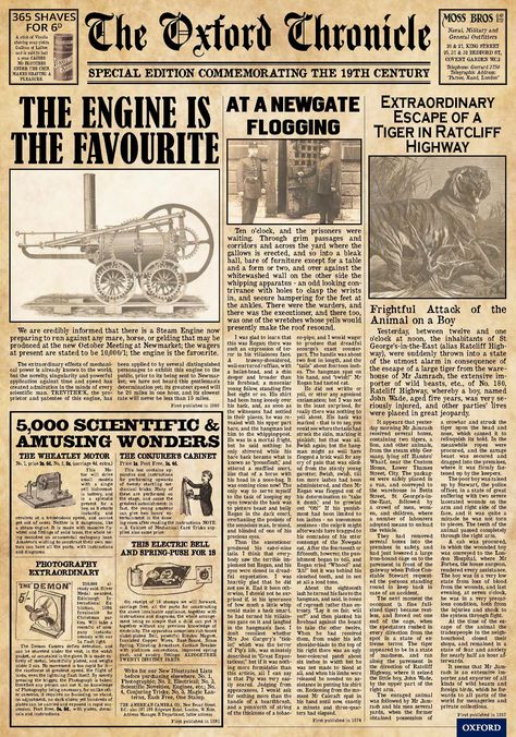 The Oxford Chronicle: discover this free, downloadable 19th-century newspaper. Perfect for use in the classroom, this bespoke resource will help you make the study of 19th-century fiction and non-fiction engaging and fun http://ow.ly/TiD0301Y4NB Vintage Classroom Decor, History Newspaper, Dark Academia Posters, Newspaper Background, Vintage Paper Printable, English Newspapers, Old Paper Background, Moss Bros, Newspaper Art