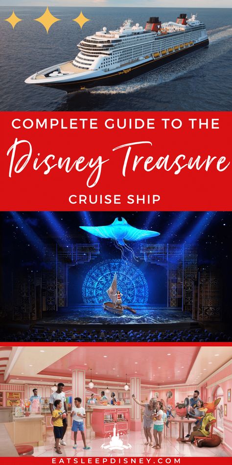 Complete Disney Treasure Cruise Ship Guide  Disney Cruise Line’s sixth ship, the Disney Treasure, joins Disney Wish as the second ship in Disney's Triton Class ships.  Unlike Disney Wish, Disney Treasure is themed for adventure and exploration. Meant to be an “Adventureland at Sea,” the Disney Treasure will tell stories of adventure not only from classic Disney movies but (for the first time ever) also from widely popular theme park attractions. Disney Treasure Cruise Ship, Disney Cruise Wish, Cruise Checklist, Wish Disney, Disney Treasure, Treasure Ship, Disney Fantasy Cruise, Disney Cruises, Ship Travel