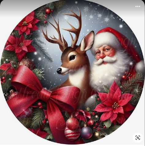 Holiday Pictures Christmas, Christmas Toppers, Images Noêl Vintages, Santa And His Reindeer, Christmas Topper, Christmas Scenes, Santa And Reindeer, Christmas Paintings, Christmas Stickers