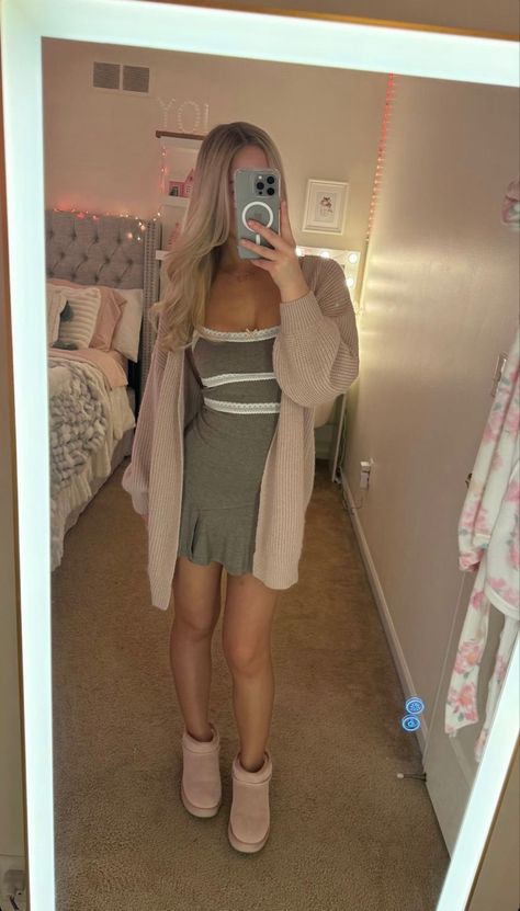 Mini Dress And Cardigan Outfit, Dress And Cardigan Outfit, Shop Cider, Comfy Ootd, Grey Mini Dress, My Mum Made It, Blonde Teen, Mini Dress Outfit, Pink Uggs