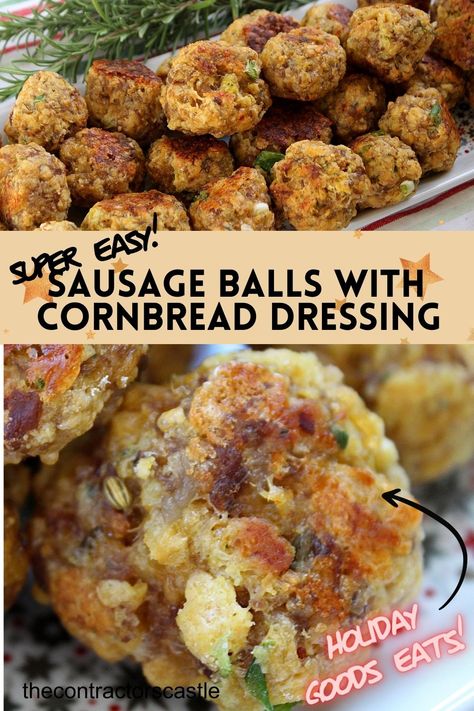 easy sausage balls with cornbread stuffing on a holiday plate Sausage Balls Recipe Bisquick, Cornbread Stuffing Mix Recipes, Cornbread Sausage Balls, Cornbread Stuffing Sausage Balls, Sausage Balls Stuffing, Stuffing Sausage Balls Recipe, Cornbread Stuffing Balls, Cornbread Dressing Balls, Cornbread Stuffing Muffins