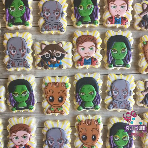 112 Likes, 6 Comments - Mary Donley (@sugarcomacookies) on Instagram: “Guardians of the galaxy birthday cookies! #sweets #customsweets #customcookies #sugarcookies…” Baby Groot Cake, Guardians Of The Galaxy Birthday, Rocket Raccoon And Groot, Avengers Cookies, Galaxy Cupcakes, Galaxy Cookies, Galaxy Birthday, Cookie Glaze, Funny Animal Comics