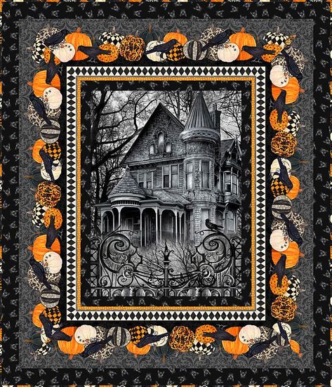 Creepy Architecture, Mansion In The Woods, Halloween Quilt Panels, Colorful Quilts Patterns, Tree Quilt Pattern, Halloween Sewing Projects, Halloween Quilt Patterns, House Quilt Patterns, Panel Quilt Patterns