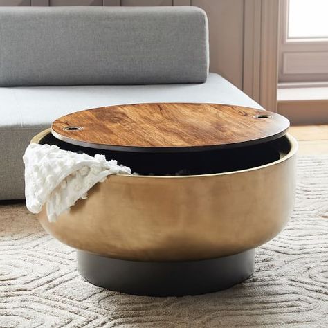 Upholstered Base Storage Ottoman - Large | west elm Drum Storage, West Elm Coffee Table, Pedestal Coffee Table, Storage Coffee Table, Round Storage Ottoman, Drum Coffee Table, Oversized Furniture, Display Coffee Table, Design Salon