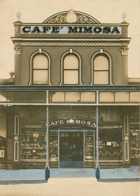 Cafe Mimosa, taken in the 1920's before the verandah was added above the front of the cafe. (Description supplied with photograph) Photo courtesy SLQ 1920s Cafe, 1930s America, Bloxburg Town, Scene Illustration, Vis Dev, Black Wall Street, The Cafe, Interesting Places, Pitch Deck