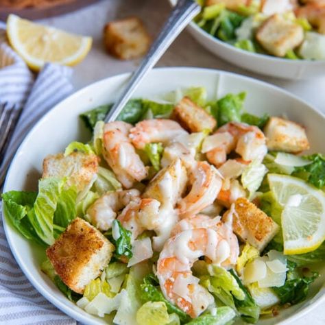 Shrimp Caesar Salad Shrimp Caesar Salad, Oven Roasted Shrimp, Shrimp In The Oven, Homemade Caesar Salad Dressing, How To Make Shrimp, Caesar Salad Dressing, Caesar Salad Recipe, Roasted Shrimp, Croutons Homemade