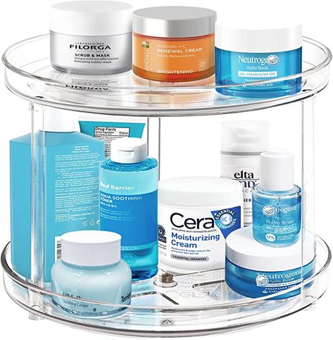 2 Tier Lazy Susan Bathroom Organizer, 9.25Inch Clear 360 Rotating Makeup Organizer for Vanity, Skincare Organizers Perfume Organizer, Spice Rack Organizer for Cabinet- Home Organization and Storage Lazy Susan Bathroom, Pantry Counter, Lazy Susan Spice Rack, Turntable Organizer, 2 Tier Lazy Susan, Rotating Makeup Organizer, Organize Bathroom Countertop, Lazy Susan Organization, Clear Makeup Organizer