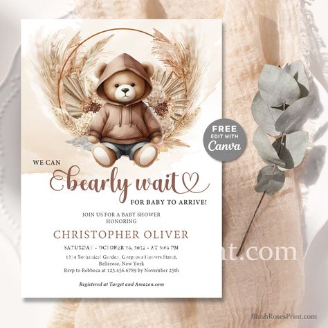 Editable Teddy Bear Sweatshirt Gender Neutral Baby Shower Invitation, FREE Download, FREE Edit with CANVA Boho Tropical Arch Pampas Grass Tropical Arch, Teddy Bear Sweatshirt, Boho Tropical, Gender Neutral Baby Shower Invitations, Free Edit, Bear Sweatshirt, Invitation Envelopes, Gender Neutral Baby Shower, Neutral Baby Shower