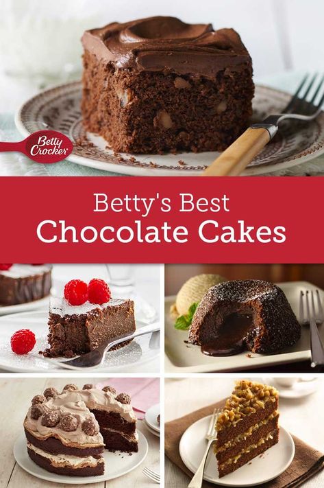 Betty's got the perfect chocolate cake recipe for every occasion — from weeknight desserts to birthday parties and everything in between! Betty Crocker Chocolate Cake Mix Recipes, Betty Crocker Cake Recipes, Betty Crocker Chocolate Cake, Betty Crocker Cake Mix Recipes, Weeknight Desserts, Chocolate Cake Mix Recipes, Betty Crocker Cake Mix, Betty Crocker Cake, Perfect Chocolate Cake