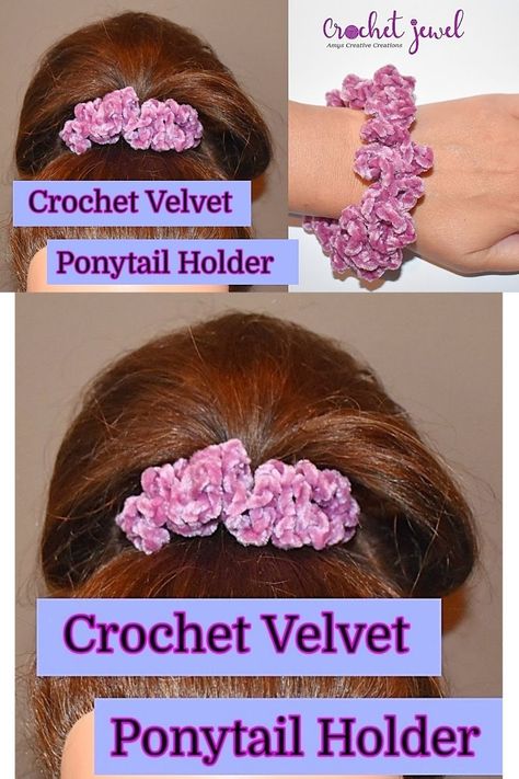 How to Crochet a Velvet Ponytail Holder Scrunchie for Beginners #crochetscrunchie #crochet #crochetpattern #crochetponytailholder #crocheteasy Crochet Hair Ties Ponytail Holders Free Pattern, Ponytail Holders Diy, Crochet Hair Scrunchies Ponytail Holders, Faux Fur Scrunchies Crochet, Velvet Yarn Scrunchie, Crochet Pony, Scrunchies Diy, Crochet Hair Accessories, Hair Rings