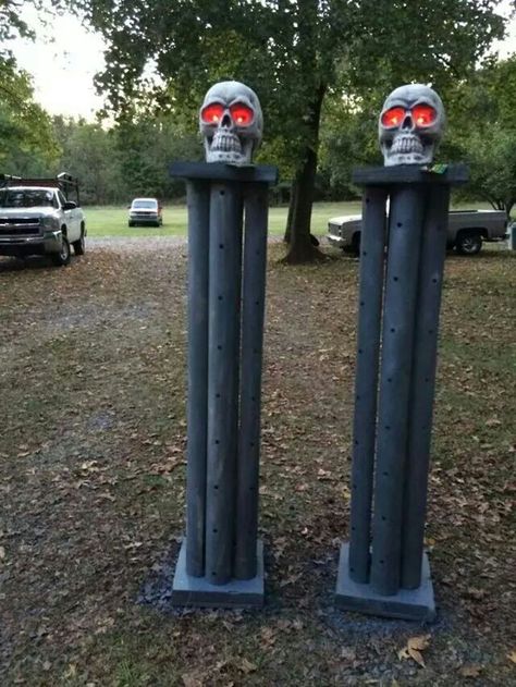 Pool noodle pillars Pool Noodle Pillars Halloween, Pool Noodle Columns, Diy Halloween With Pool Noodles, Halloween Yard Entrance, Zombie Graveyard Yard Decorations, Diy Pool Noodle Crafts Halloween, Halloween Crafts With Pool Noodles, Halloween Diy Pool Noodles, Halloween Pool Party Decorations