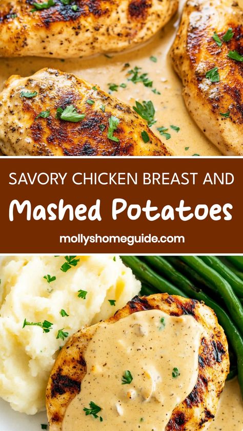 Indulge in a comforting meal tonight with juicy, tender chicken breast and creamy mashed potatoes. This classic combination is sure to satisfy your cravings and bring warmth to your dinner table. Whether you're cooking for your family or hosting a dinner party, this dish is a crowd-pleaser that never fails to impress. Elevate your weeknight dinners with this easy and delicious recipe that will surely become a favorite in your household. Creamy Chicken Mashed Potatoes, Birthday Chicken Recipes, Chicken With Mashed Potatoes Recipes, Easy Chicken And Mashed Potato Recipe, Chicken Recipes With Mashed Potatoes, Chicken Breast Recipes With Potatoes, Chicken Mashed Potatoes Meals, Chicken Breast And Mashed Potatoes, Chicken And Mashed Potatoes Recipes