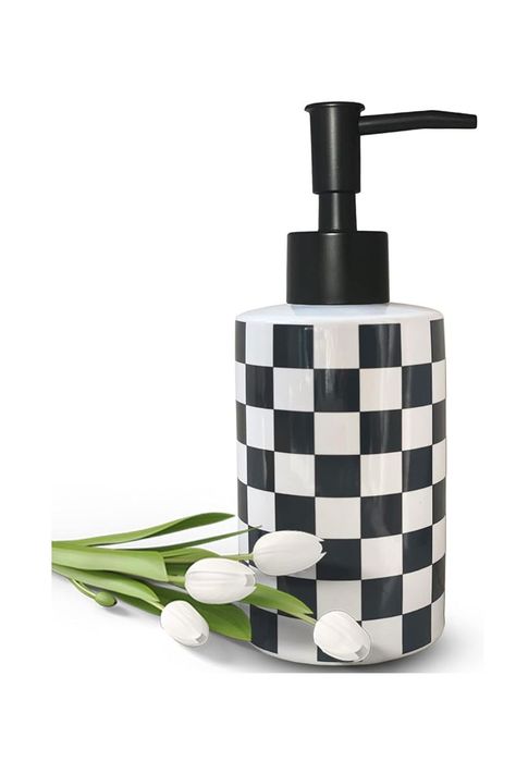 Bathroom Soap Dispenser with Matte Black Pump White Ceramic Soap Dispenser for Kitchen Checkerboard Empty Pump Bottle (Black) #decor #bathroom As an Amazon Associate I earn from qualifying purchases. Farmhouse Soap Dispenser, Hand And Dish Soap Dispenser, Bathroom Dispensers, Ceramic Jewelry Dish, Ceramic Soap Dispenser, Bathroom Storage Solutions, Decorative Soaps, Dish Soap Dispenser, Hand Soap Dispenser