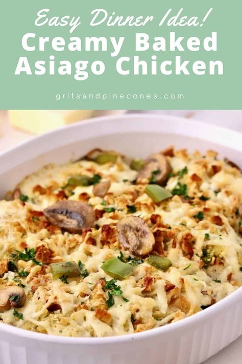 This creamy oven-baked asiago chicken is a show-stopping dinner! It's easy and flavorful and filled with tender chicken breasts, nutty asiago cheese, and earthy mushrooms. This incredible baked chicken in cream sauce is sure to be your family's favorite dinner! Creamy Asiago Chicken, Asiago Recipes, Chicken In Cream Sauce, Asiago Cheese Recipes, Asiago Chicken Pasta, Asiago Chicken, Chicken With Mushrooms, Cream Sauce For Chicken, Favorite Dinner