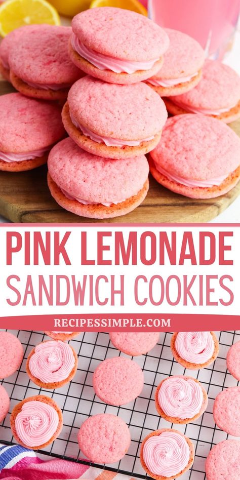 Pink lemonade cookies on cooling rack and assembled with buttercream filling on wooden serving board. Cookie Sandwich Ideas, Cake Sandwich Ideas Desserts, Lemon Sandwich Cookies Recipe, Lemonade Desserts, Pink Lemonade Cookies, Lemonade Cookies, Shower Snacks, Summer Sandwiches, Cookie Sandwiches