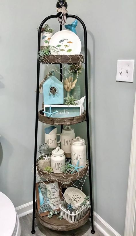 Hobby Lobby Shelf Decor, Hobby Lobby Shelf, Summertime Decor, Beach Style Decorating, Tiered Shelf, Tiered Tray Diy, Kitchen Island Decor, Coastal Beach Decor, Beachy Decor