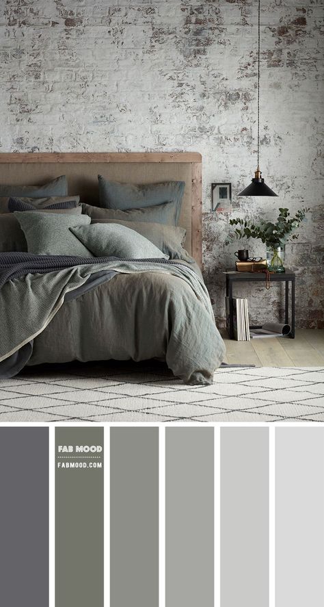 Grey and Muted Sage Green For Bedroom | Industrial Bedroom Decor Muted Green Bedding, Bedroom Sage Bedding, Grey Bed Green Bedding, Colors That Go With Grey Bedroom, Industrial Bedroom Wall Decor, Sage Green Bedroom Color Schemes, Green And Grey Bedding Ideas, Industrial Colour Scheme, Grey Walls Green Bedding