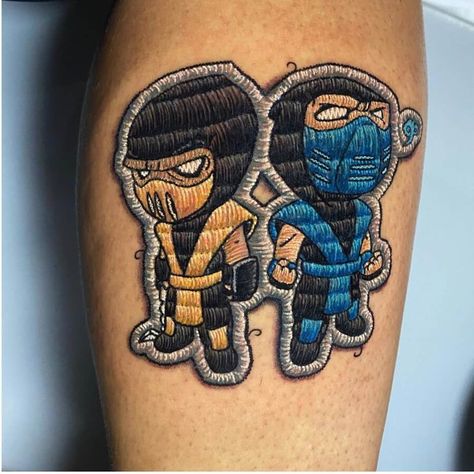 Mortal Kombat Ninjas. Embroidery Tattoo Designs. Click the image, for more art by Duda Lozano. Stitching Tattoos, Patch Stitching, Cross Stitch Tattoo, Stitch Tattoo, Embroidery Tattoo, Nerd Tattoo, Clever Tattoos, Alien Tattoo, Chest Tattoos