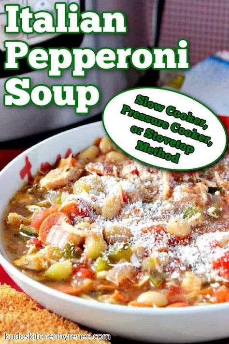 Italian Pepperoni Soup is a hot, hearty, and delicious soup that will soon become one of your favorite comfort food go-to's. #comfortfood #soup #italiansoup #pepperonisoup #instantpotsoup #slowcookersoup #easysoup #chickensoup #whitebeansoup #whitebeans #easydinnerrecipe #kudoskitchenrecipes Pepperoni Soup, Comfort Food Soup, Ham And Cabbage Soup, Slow Cooker Italian, Instant Pot Slow Cooker, Comfort Soup Recipes, Food Soup, Thanksgiving Dinner Recipes, Chili Recipe Easy